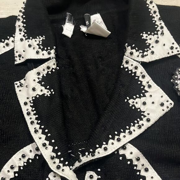 Vintage Knit Cardigan Sweater Black Large Beaded Vegan Leather Trim Satin - Picture 16 of 16